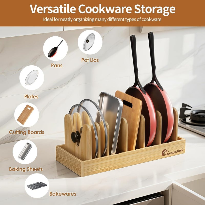 Housolution Bamboo Pot and Pan Organizer for Cabinet, Pot Lid Organizer with 7 Adjustable Dividers, Pan Holder Storage Rack with Solid Bamboo Wooden Base - Image 2